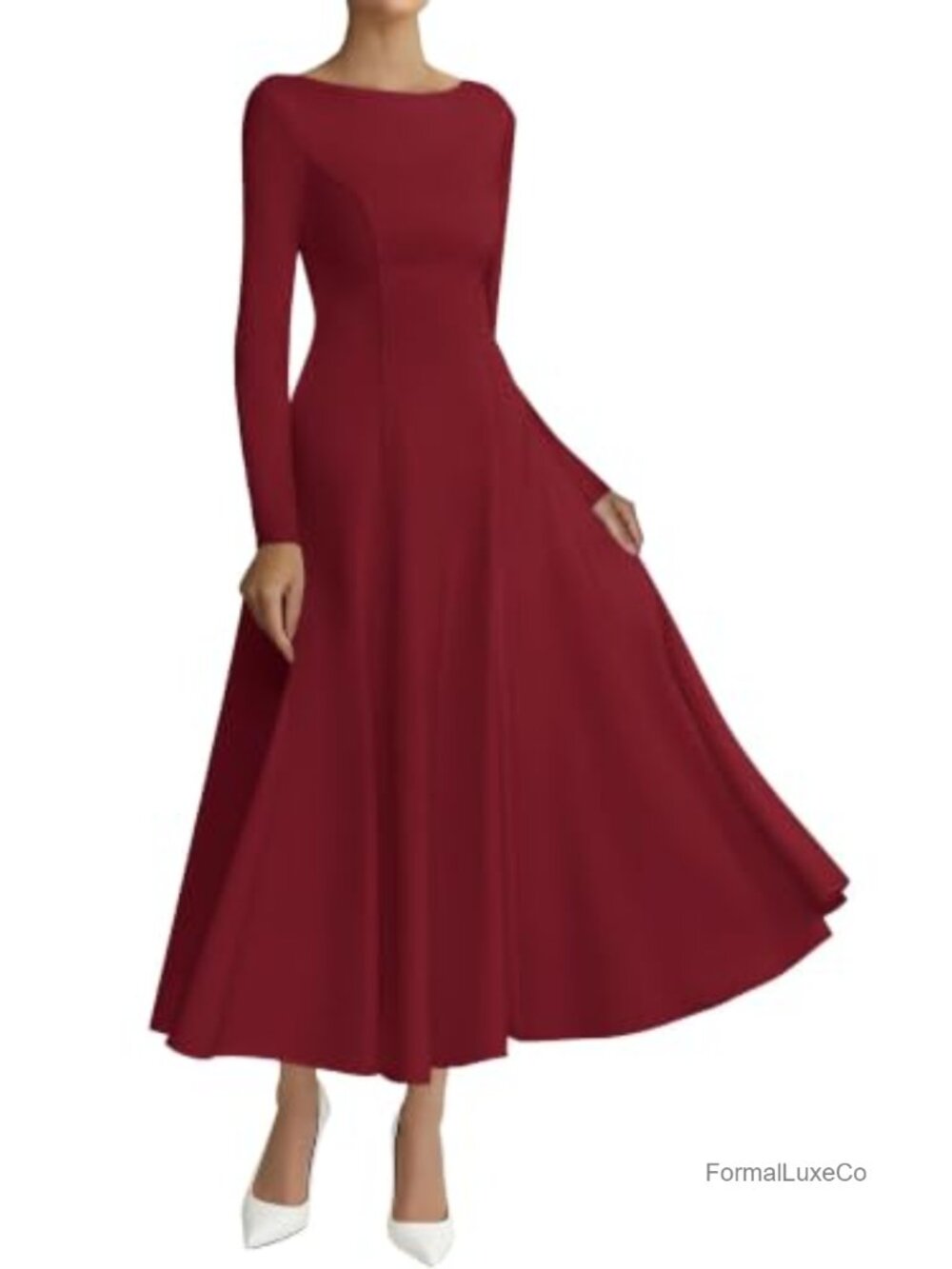 Women's Long Sleeve A-Line Maxi Wedding Guest Dress Knit Fit & Flare